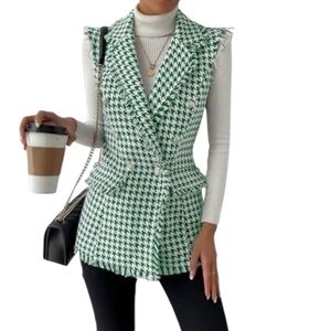 Green Houndstooth Sleeveless Tweed Double Breasted Longline Vest Raw Trim
